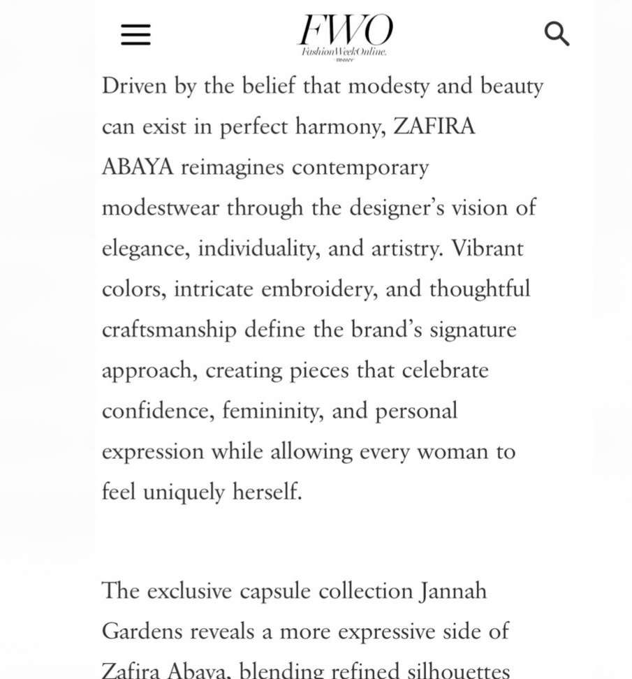 Press feature about Zafira Abaya in Fashion Week Online