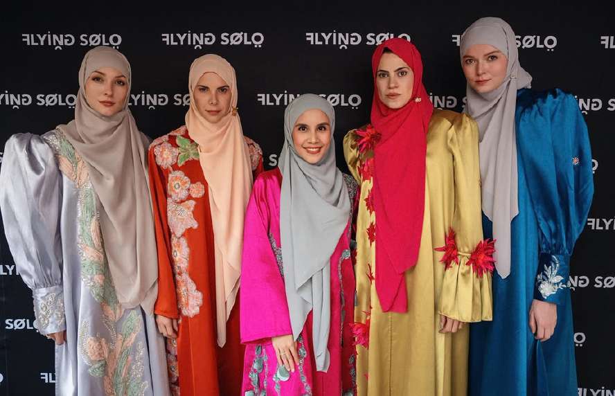 Five models wearing Zafira Abaya at the Flying Solo NYFW presentation